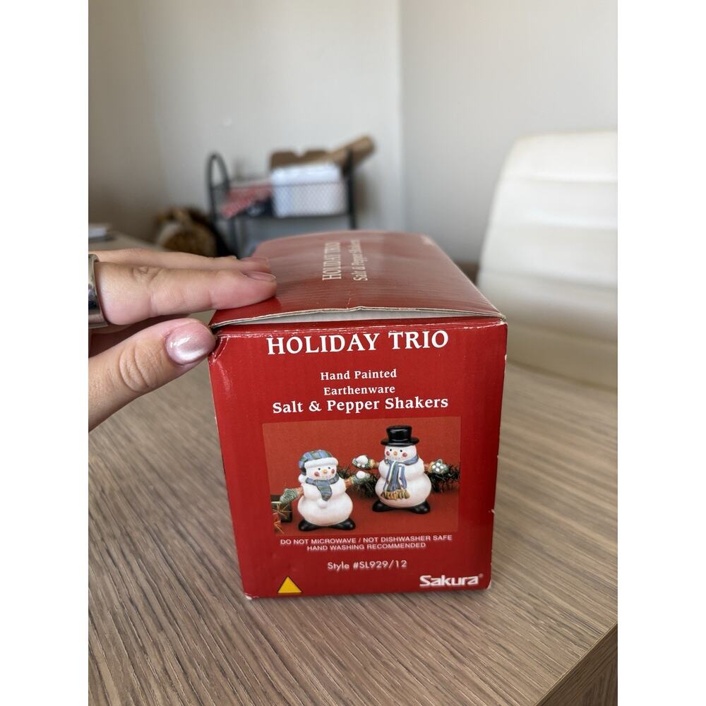 Sakura Holiday Trio Snowman Salt & Pepper Shakers Hand Painted w/ Box SL929/12 - Picture 5 of 10